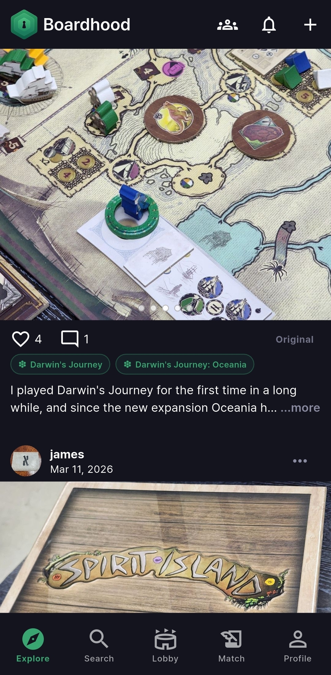 Boardhood feed with a board game session photo